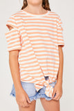 G4253 PEACH Stripe Sleeve Cut-Out Tie-Front Tee Front Detail