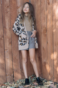 G4255-TAN Leopard Knit Cardigan Editorial