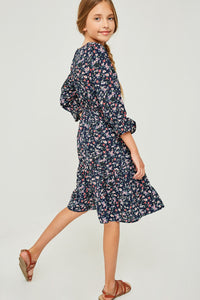 G4259 NAVY Floral Ruffle Fit & Flare Midi Dress Back