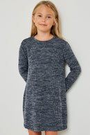 G4269-NAVY Long Sleeve Heathered Ribbed Dress Front