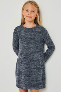 G4269-NAVY Long Sleeve Heathered Ribbed Dress Front