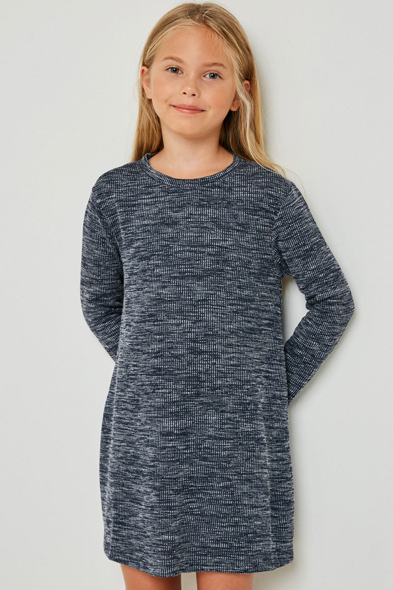 G4269-NAVY Long Sleeve Heathered Ribbed Dress Front