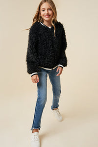 G4298 Black Girls Fuzzy Bomber Jacket Full Body