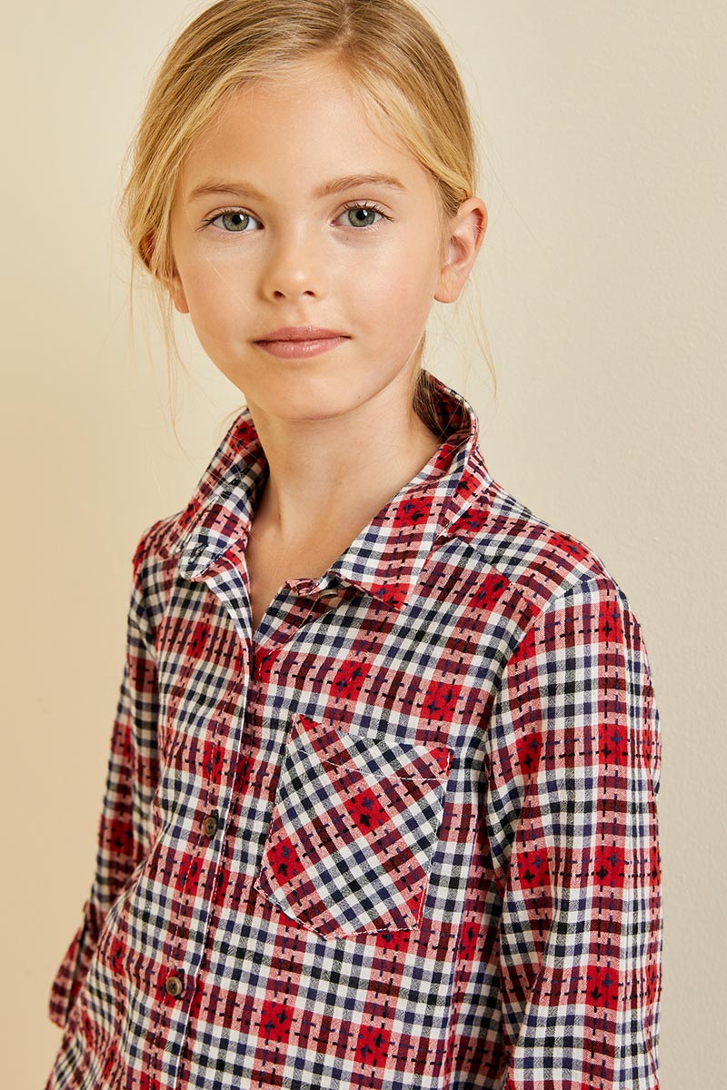 G4336 Cherry Girls Embroidered Plaid Button-Down Top Detail