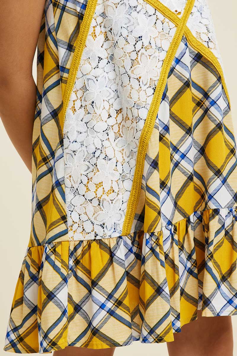 G4374-HONEY MIX Plaid Mini Swing Dress Front Detail