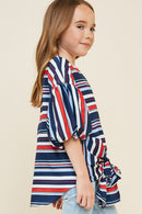 G4383-BLUE MIX Striped Bubble Sleeve Tie-Front Top Alternate Angle