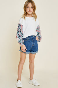 G4431-OFF WHITE Ruffle Paisley Print Long Sleeve Top Alternate Angle