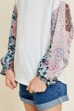 G4431-OFF WHITE Ruffle Paisley Print Long Sleeve Top Front Detail