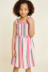 G4452-PINK MIX Stripe Smocked Ruffle Midi Dress Front