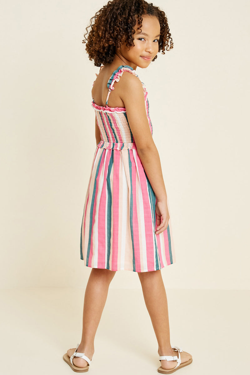 Stripe Smocked Ruffle Midi Dress