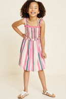 G4452-PINK MIX Stripe Smocked Ruffle Midi Dress Alternate Angle