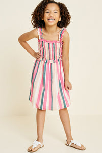 G4452-PINK MIX Stripe Smocked Ruffle Midi Dress Alternate Angle