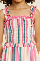 G4452-PINK MIX Stripe Smocked Ruffle Midi Dress Front Detail