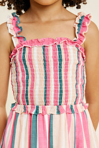 G4452-PINK MIX Stripe Smocked Ruffle Midi Dress Front Detail