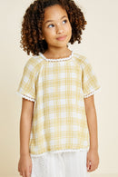 G4466-MUSTARD Plaid Crochet Trim T-Shirt Front
