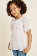 G4466-PINK Plaid Crochet Trim T-Shirt Alternate Angle