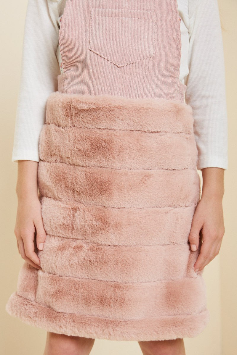 G4473 Pink Girls Corduroy Faux Fur Overall Dress Detail