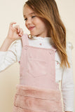 G4473 Pink Girls Corduroy Faux Fur Overall Dress Pose