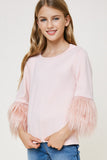 G4476-PINK Fur Sleeve Long Sleeve Top Front