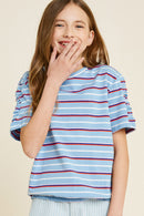 G4479-BLUE MIX Stripe Bubble Hem T-Shirt Alternate Angle