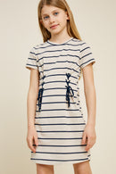 G4489 Oatmeal Striped Corset Lace-Up Mini T-Shirt Dress Front