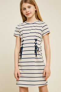 G4489 Oatmeal Striped Corset Lace-Up Mini T-Shirt Dress Front