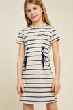 G4489 Oatmeal Striped Corset Lace-Up Mini T-Shirt Dress Front