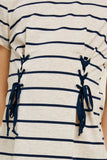 G4489 Oatmeal Striped Corset Lace-Up Mini T-Shirt Dress Front Detail