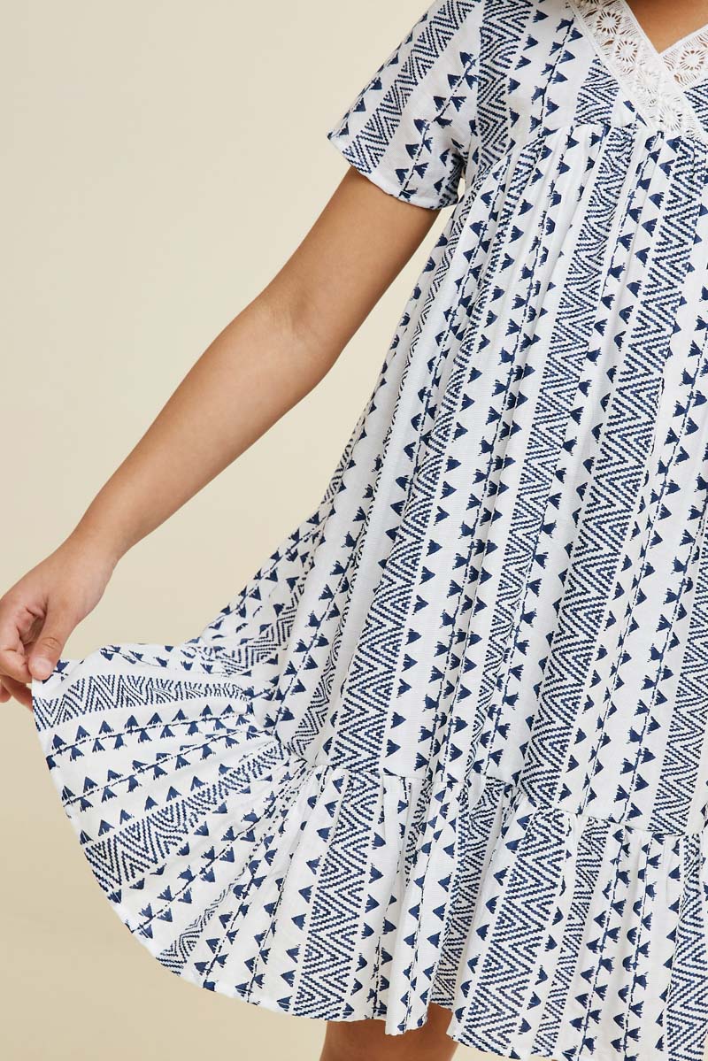 G4511-NAVY Tribal Empire Waist Mini Dress Front Detail