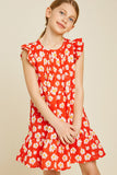G4515-TOMATO Daisy Ruffle Sleeve Mini Dress Front