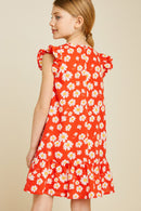 G4515-TOMATO Daisy Ruffle Sleeve Mini Dress Back