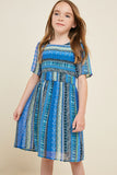 G4522-BLUE MIX Printed Babydoll Mini Dress Front