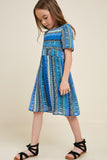 G4522-BLUE MIX Printed Babydoll Mini Dress Alternate Angle