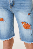 G4607-DENIM Distressed Denim Bermuda Shorts Front Detail