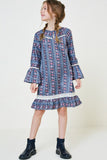 G4625-NAVY MIX Tribal Bell Sleeve Mini Dress Front