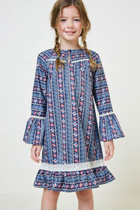G4625-NAVY MIX Tribal Bell Sleeve Mini Dress Alternate Angle
