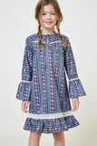 G4625-NAVY MIX Tribal Bell Sleeve Mini Dress Alternate Angle