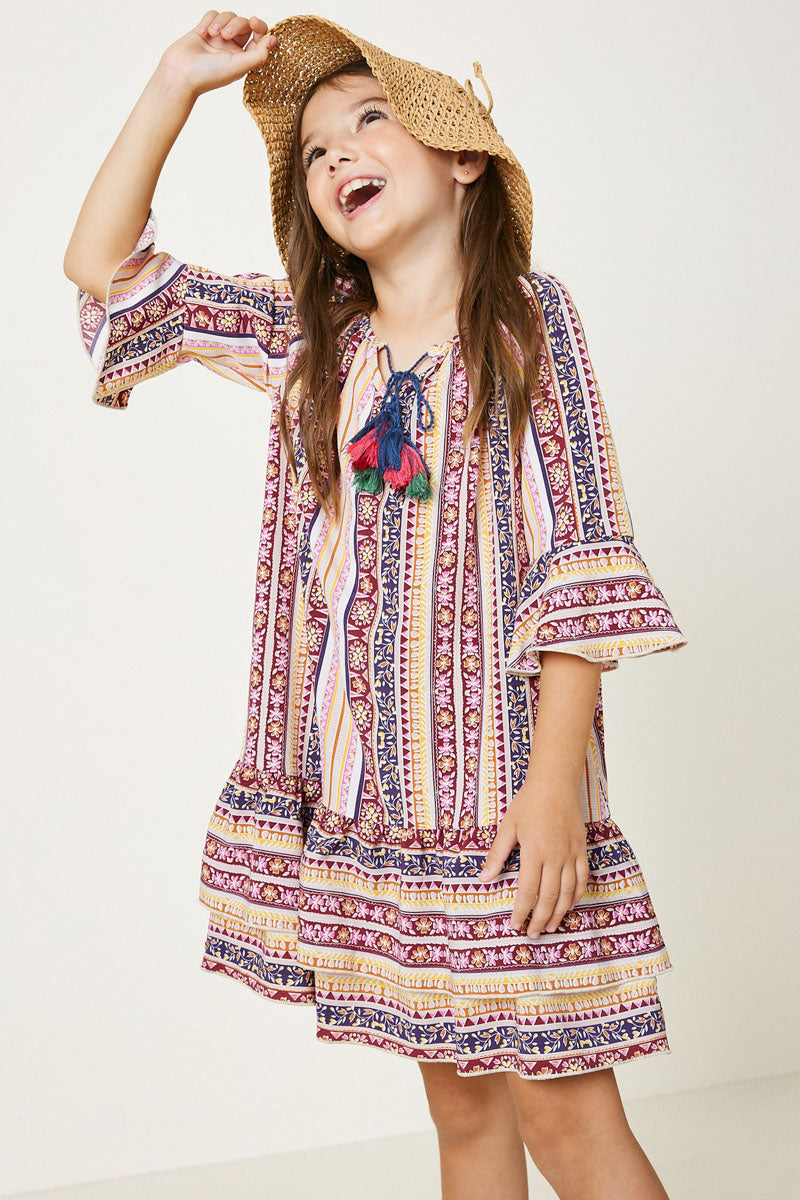 G4648-PURPLE MIX Tribal Mini Peasant Dress Alternate Angle
