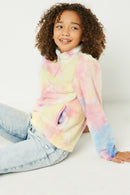 G4656-PINK MULTI Tie Dye Fleece Zip Up Sweater Front