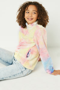 G4656-PINK MULTI Tie Dye Fleece Zip Up Sweater Front