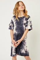 G4664-NAVY Ruffle Tie Dye Mini Shirt Dress Front