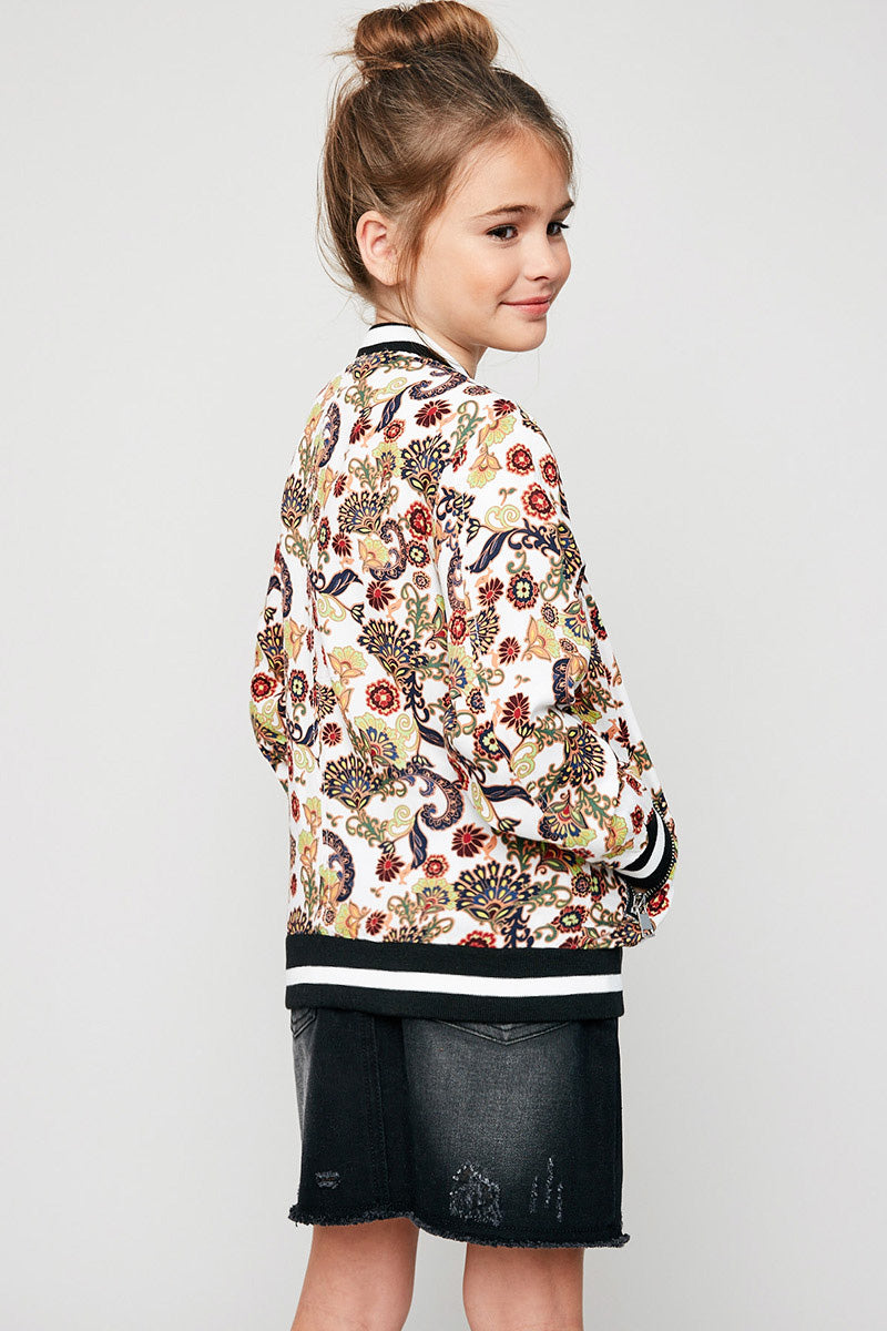 G5027 Cream Girls Printed Bomber Jacket Full Body