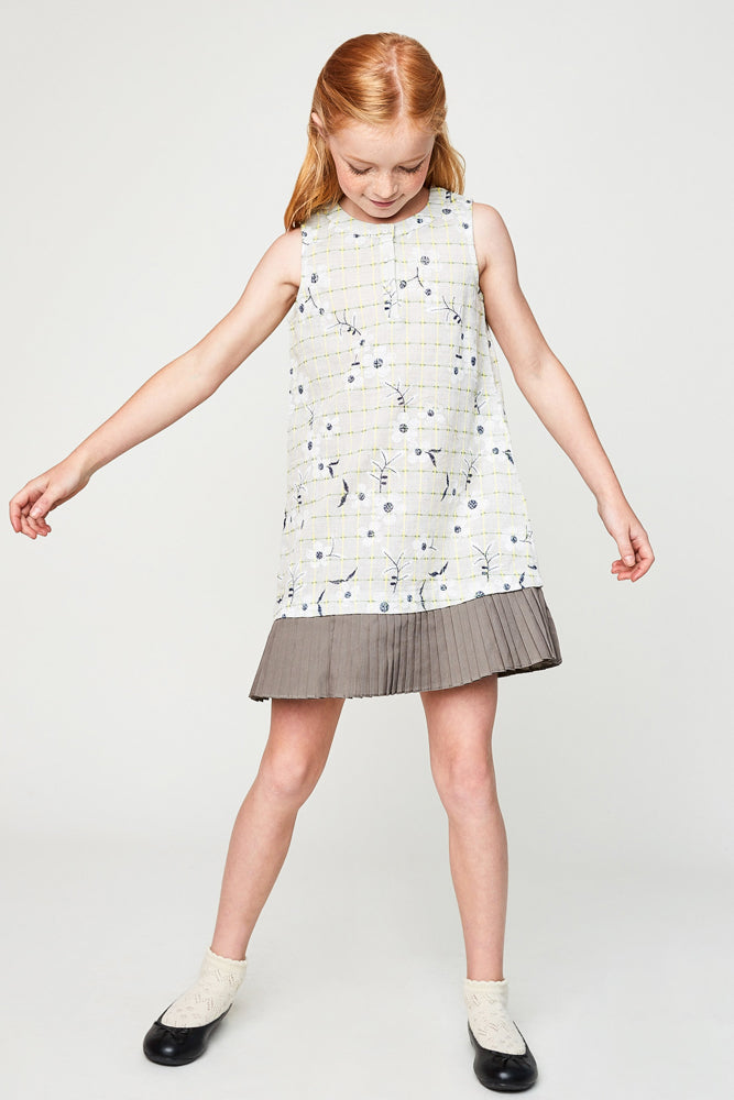 G5085 TAUPE Floral Pleated Hem Mini Dress Full Body