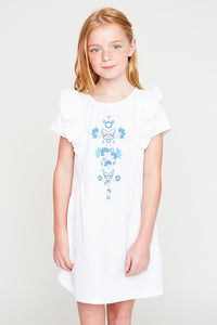 G5089 Off White Girls Embroidered Ruffle Dress Front