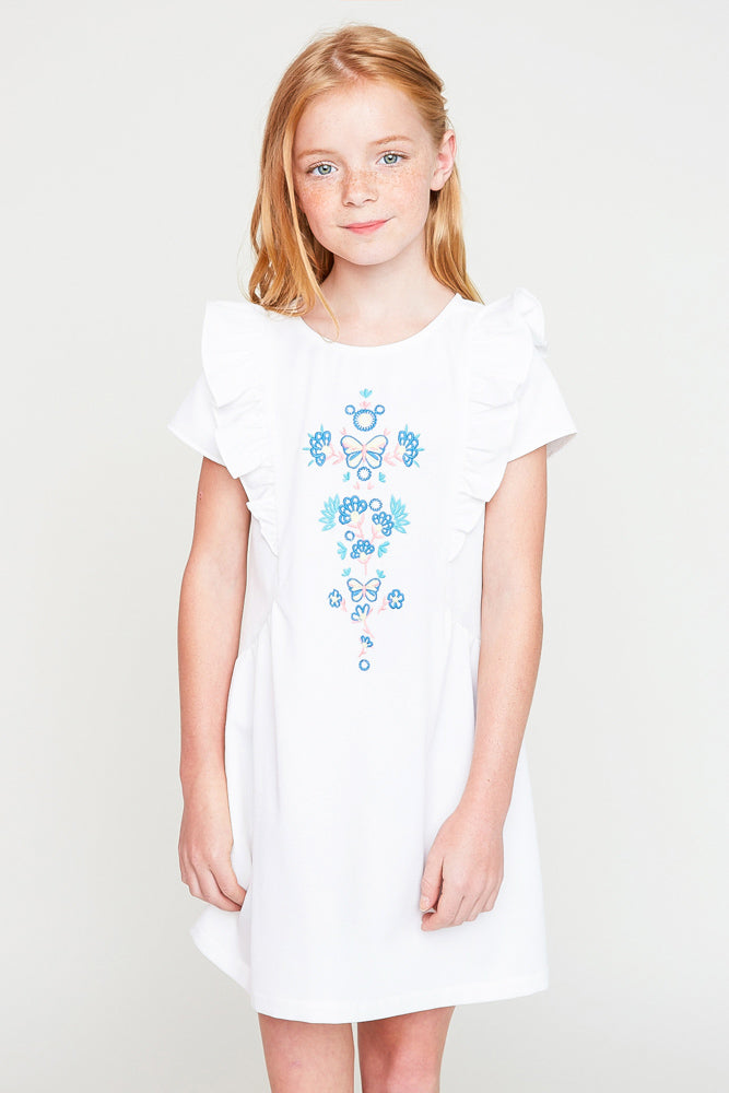 G5089 Off White Girls Embroidered Ruffle Dress Front