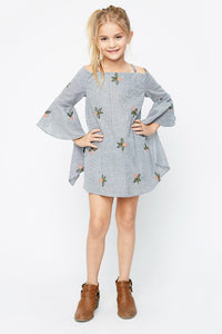 G5118 DENIM Floral Cold Shoulder Dress Front