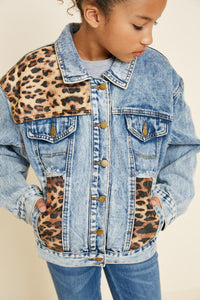 G5210-LEOPARD DENIM Acid Wash Leopard Denim Trucker Jacket Alternate Angle