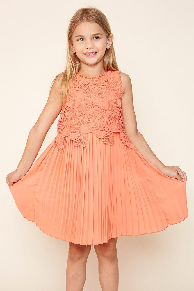 G5241 Papaya Girls Crochet Pleated Dress Front