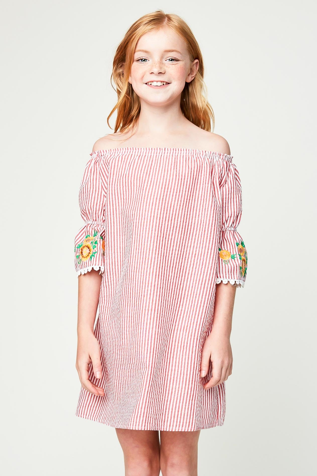 Girls' Floral Embroidered Striped Dress