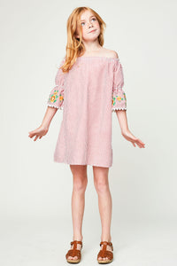 G5326 CHERRY Floral Embroidered Stripe Dress Alternate Angle